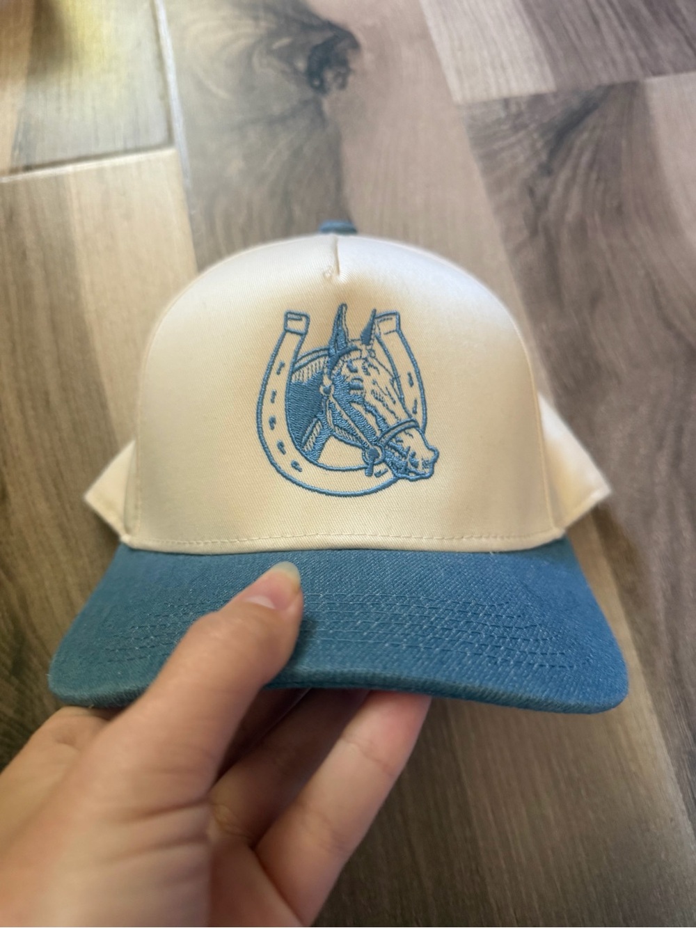 Womens Two-Tone Blue and Cream Horse Trucker Hat